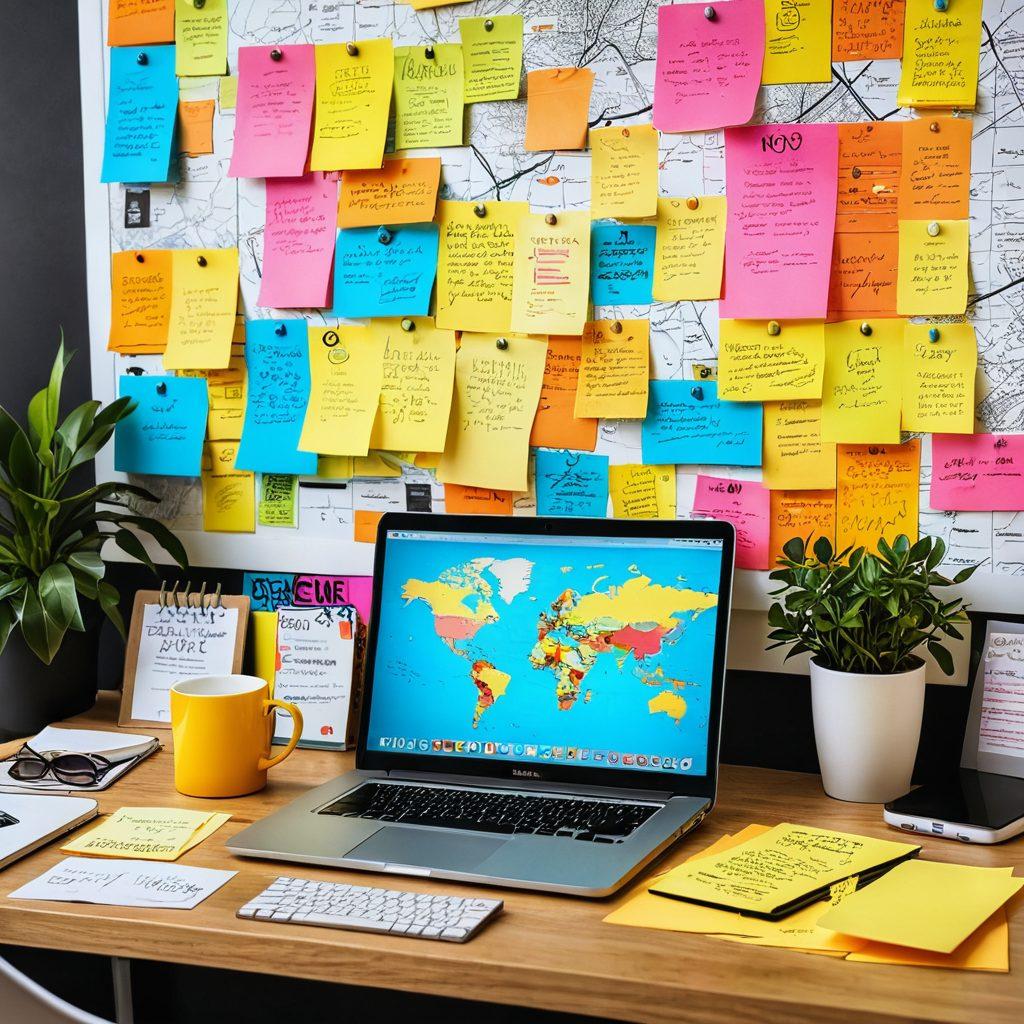 A digital workspace filled with a glowing laptop showcasing a well-designed blog page, surrounded by inspirational quotes, colorful post-it notes, and a steaming coffee cup. In the background, a vision board with successful marketing strategies and a world map indicating global reach. Bright and inviting atmosphere conveying creativity and productivity. super-realistic. vibrant colors. 3D.