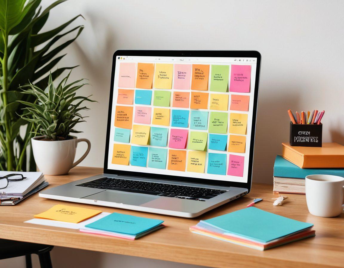 A dynamic workspace featuring a well-organized desk with a laptop open displaying a vibrant blog interface. Surrounding are colorful sticky notes, books on blogging strategies, and a coffee mug with the phrase 'Create and Inspire'. Soft natural light streams in, adding a warm atmosphere, while a motivational quote poster adorns the wall. modern flat design. vibrant colors. warm tones.