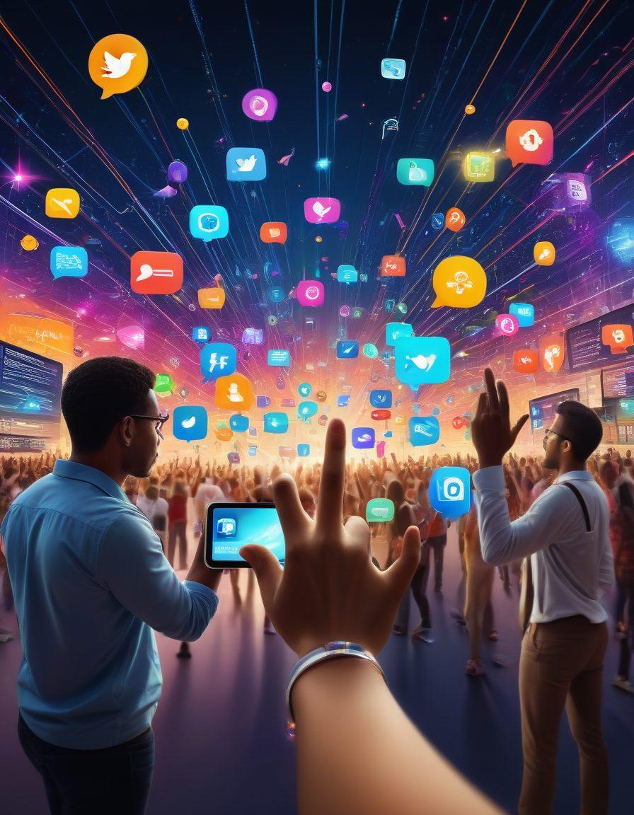 A vibrant digital landscape showcasing a diverse group of people engaging with their devices, representing different demographics and cultures. In the background, colorful social media icons and a rising graph symbolizing traffic growth can be seen. The foreground features hands reaching towards a glowing network of connections, illustrating engagement. Include elements like chat bubbles and notification badges to emphasize interaction. super-realistic. vibrant colors. digital art.